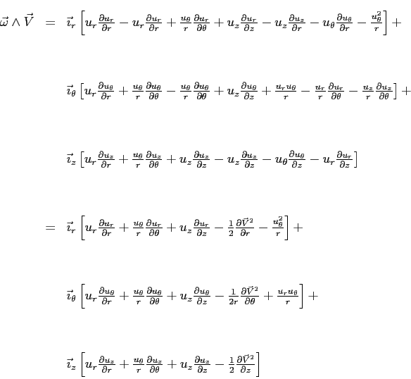 \begin{displaymath}
\begin{array}{rcl}
\vec{\omega} \wedge \vec{V}&=&
\vec{\imat...
...math{\frac{\partial \vec{V}^2}{\partial z}}
\right]
\end{array}\end{displaymath}