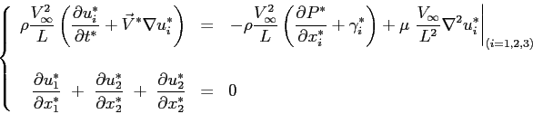 \begin{displaymath}
\left\{
\begin{array}{rcl}
\displaystyle \rho \frac{V^2_\inf...
...ac{\partial u_2^*}{\partial x_2^*}} & = & 0
\end{array}\right.
\end{displaymath}