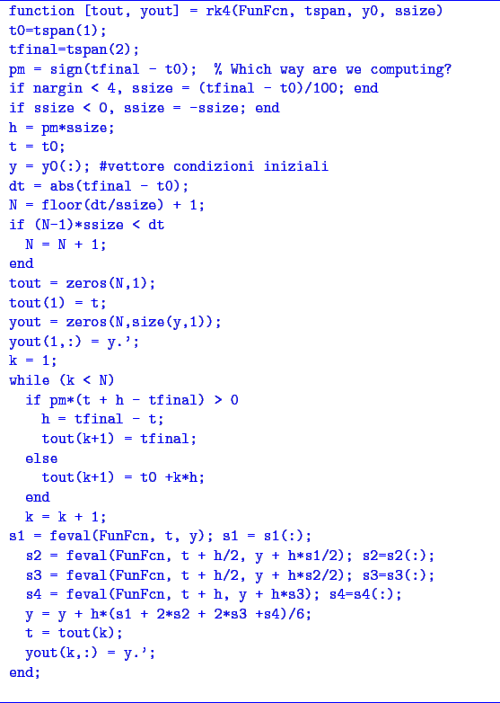 \begin{VerbatimProg}
\par
function [tout, yout] = rk4(FunFcn, tspan, y0, ssize)
...
...+ 2*s3 +s4)/6;
t = tout(k);
yout(k,:) = y.';
\par
end;
\par
\end{VerbatimProg}